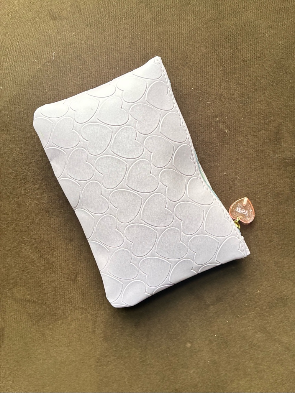 Heart-Embossed White Zip Cosmetic Pouch